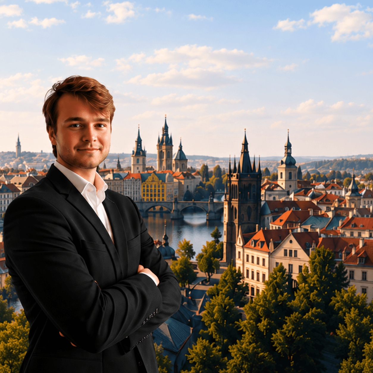 Daniel, insurance adviser, standing before the Prague skyline
